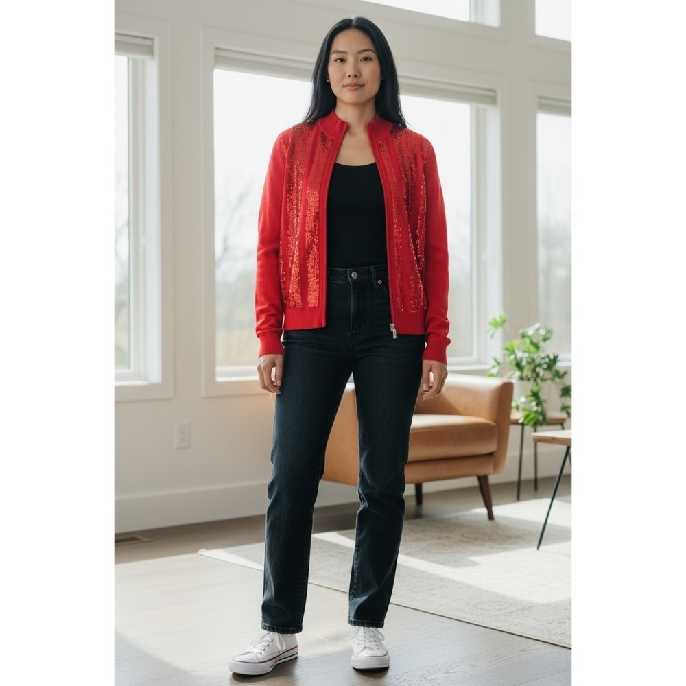 ST. JOHN Knit Jacket RED Sparkles/Shimmery ZIP - Sz S Excellent!